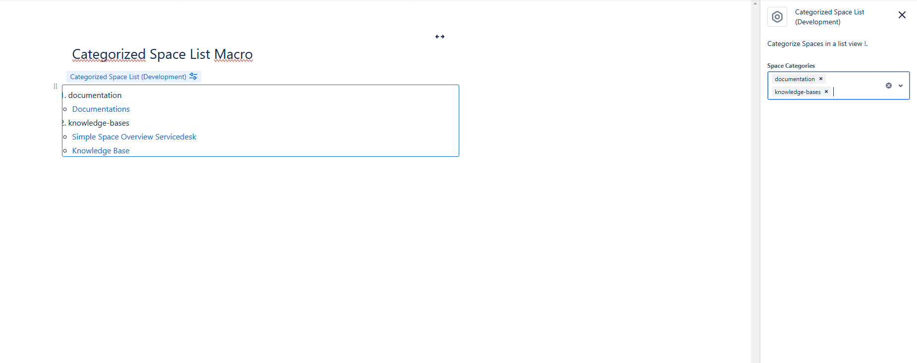 Categorized Space List Makro auf einer Confluence Seite mit offener Konfiguration auf der rechten Seite